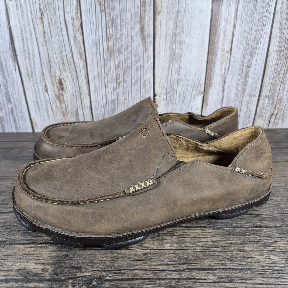 OluKai Moloa Leather Slip On Drop Heel Loafer Men's Sz 10 Brown (GUC)